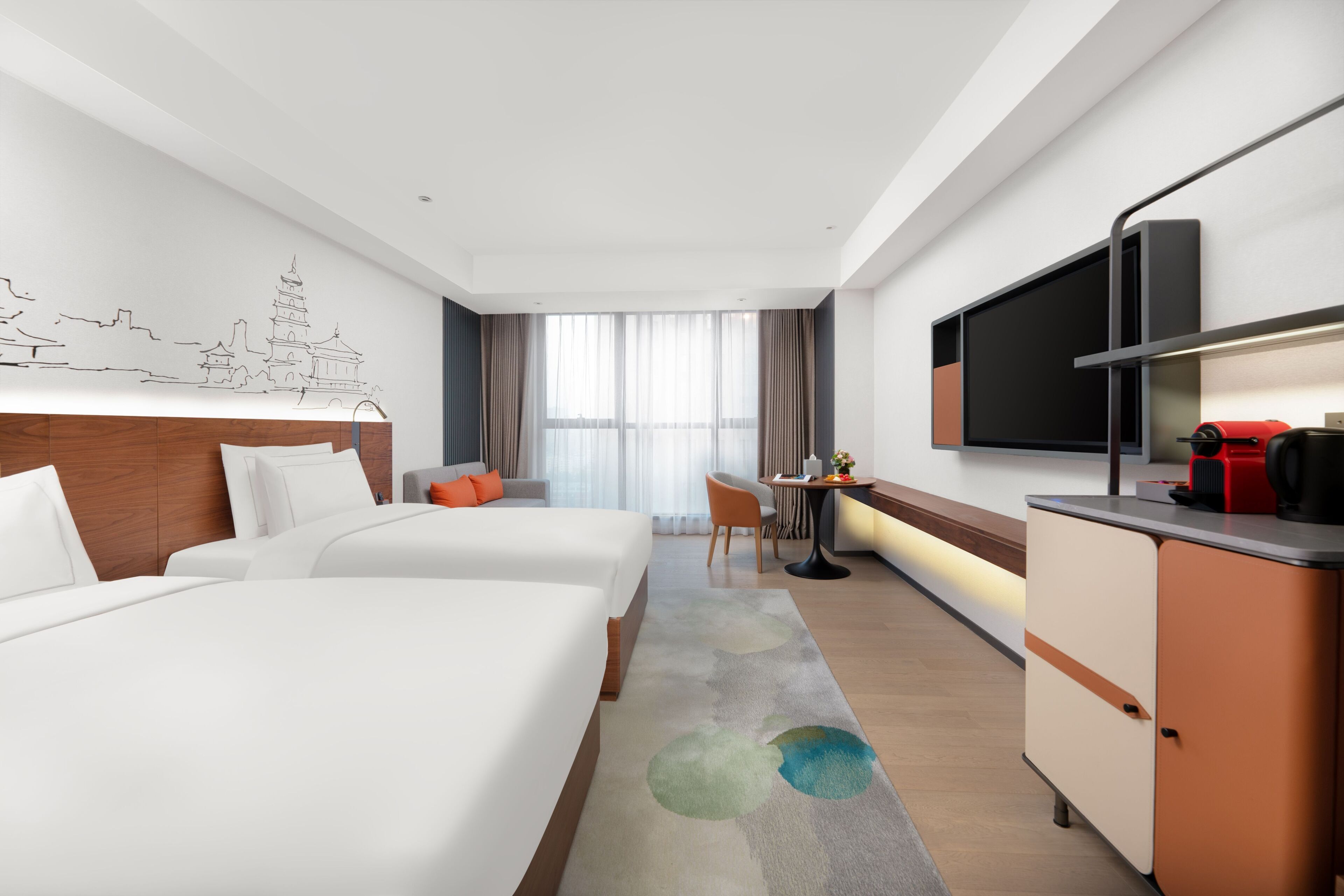 Premium bedding, down duvets, laptop workspace, blackout curtains