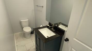 A compact bathroom with a white toilet, a dark sink vanity, and a mirror above the sink.