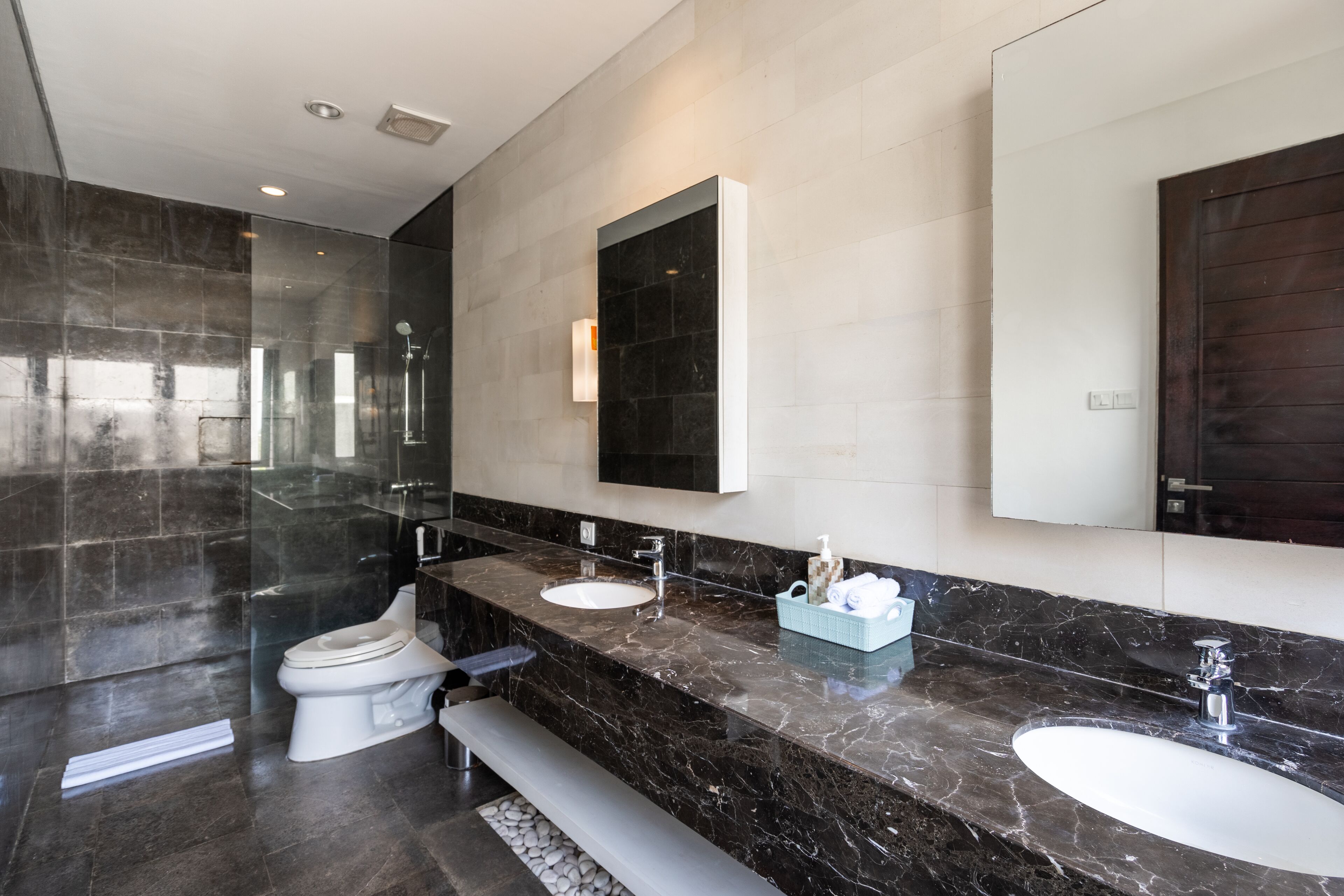 A modern bathroom with two sinks, a toilet, and a shower.