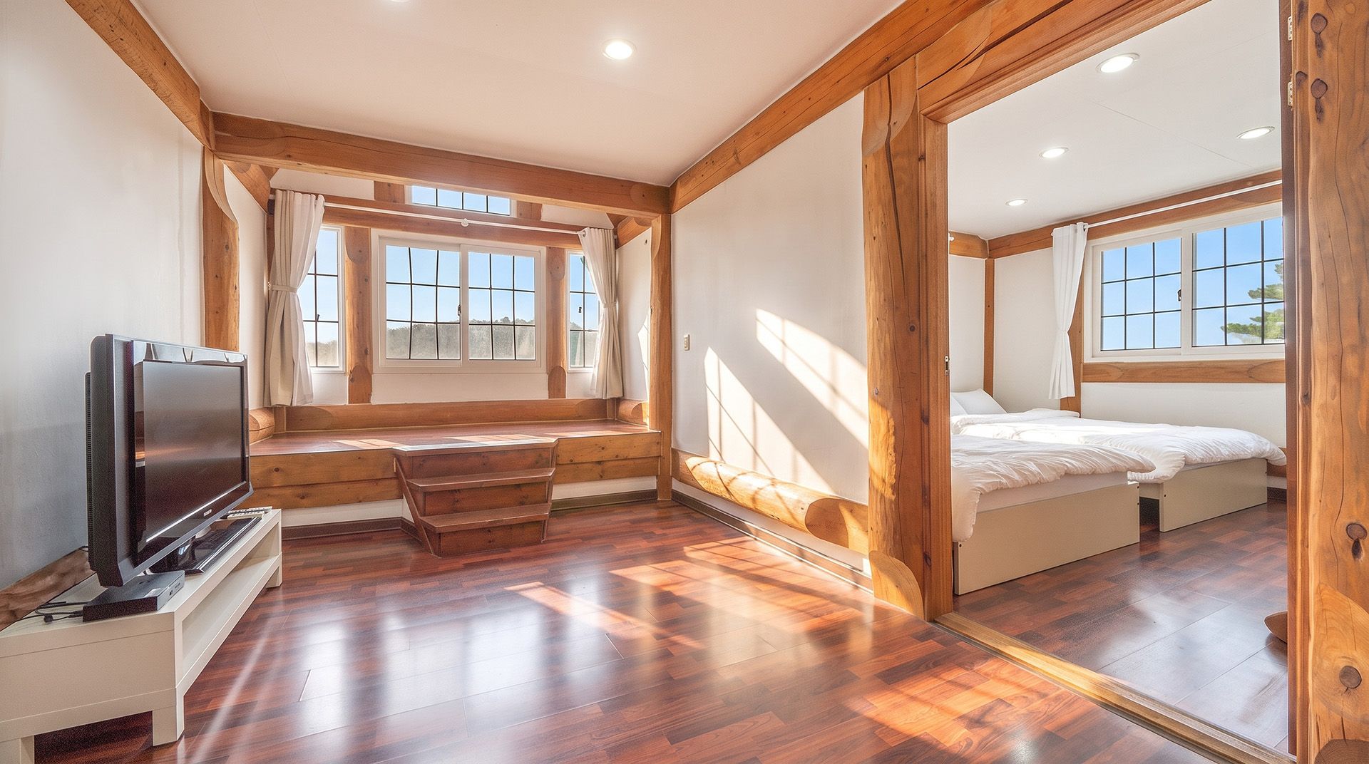 A room with a wooden floor, a bed, a desk, a television, and large windows.