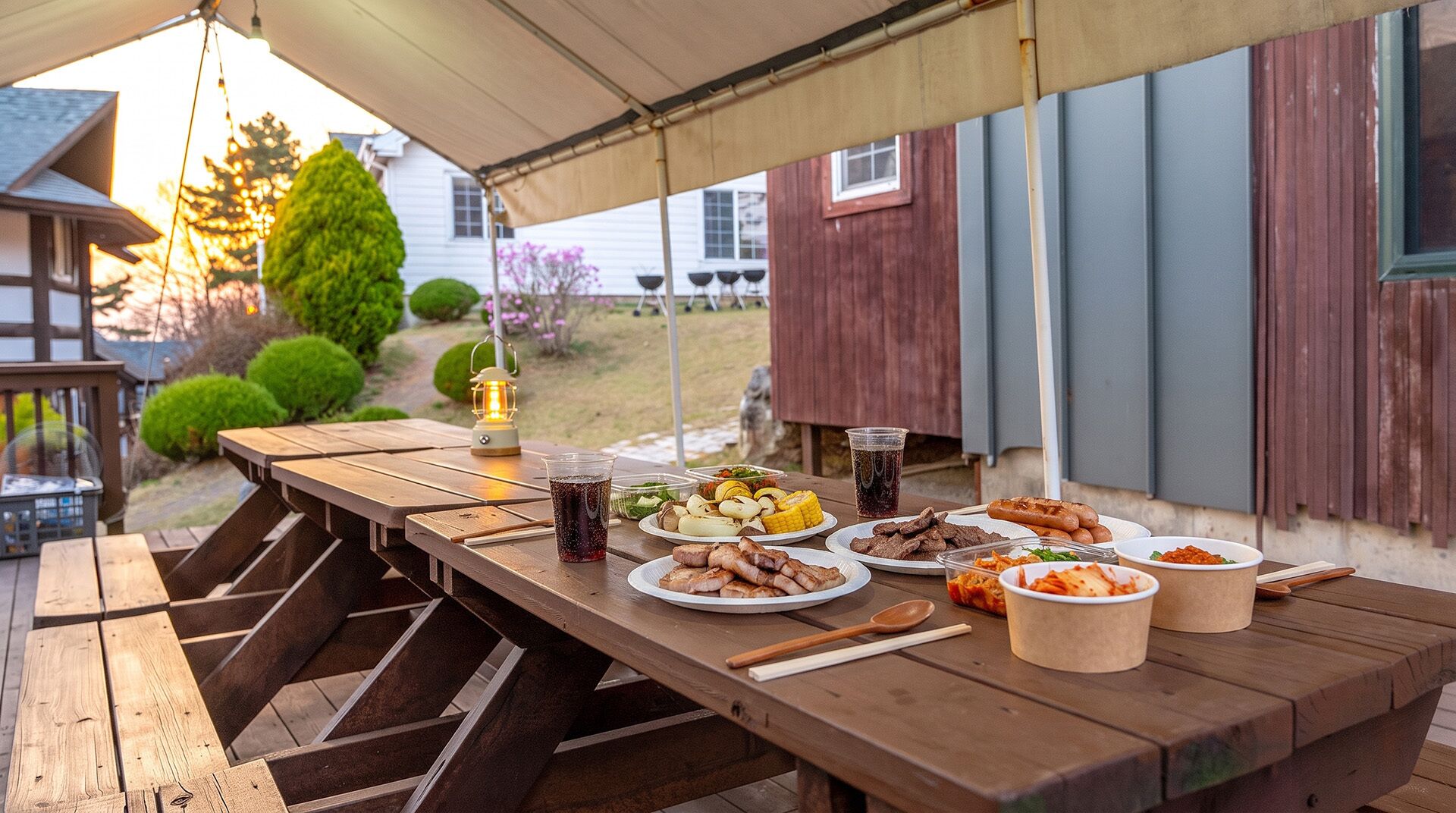 A wooden picnic table set outdoors with various food items and drinks.