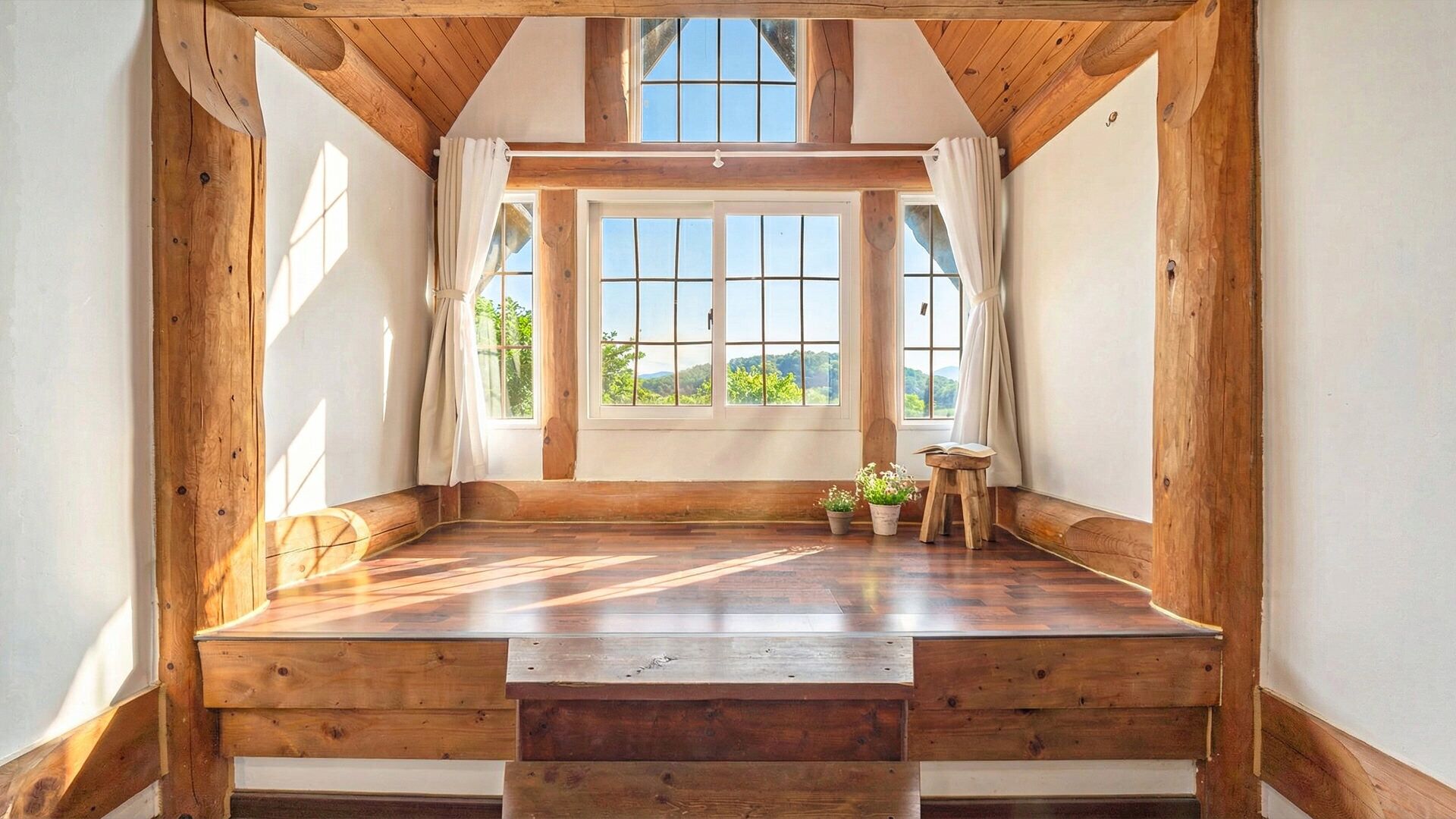A room with a sloped ceiling, wooden beams, a large window with curtains, and a wooden floor.