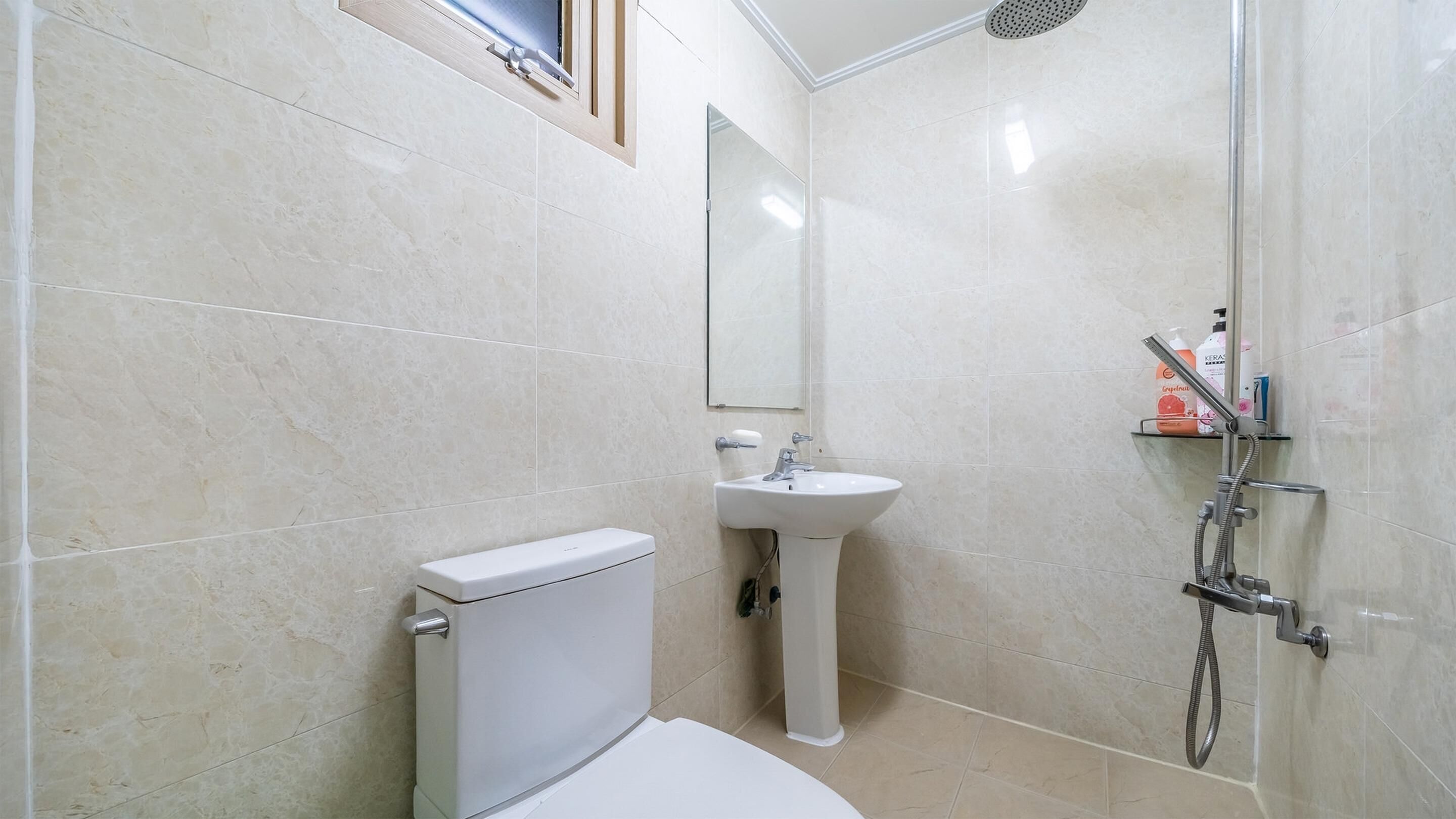Une salle de bain avec des toilettes, un lavabo et une douche.