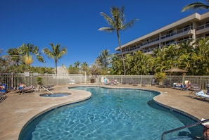 A swimming pool with a curved design, surrounded by palm trees and lounge chairs, with a building in the background.