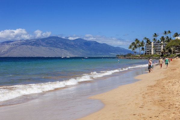 A beach with a clear view of the ocean and mountains in the background.