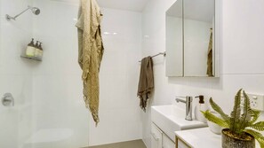 Shower, eco-friendly toiletries, hair dryer, towels