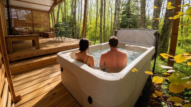 A wooden deck with a hot tub, a covered seating area, and a forest view.
