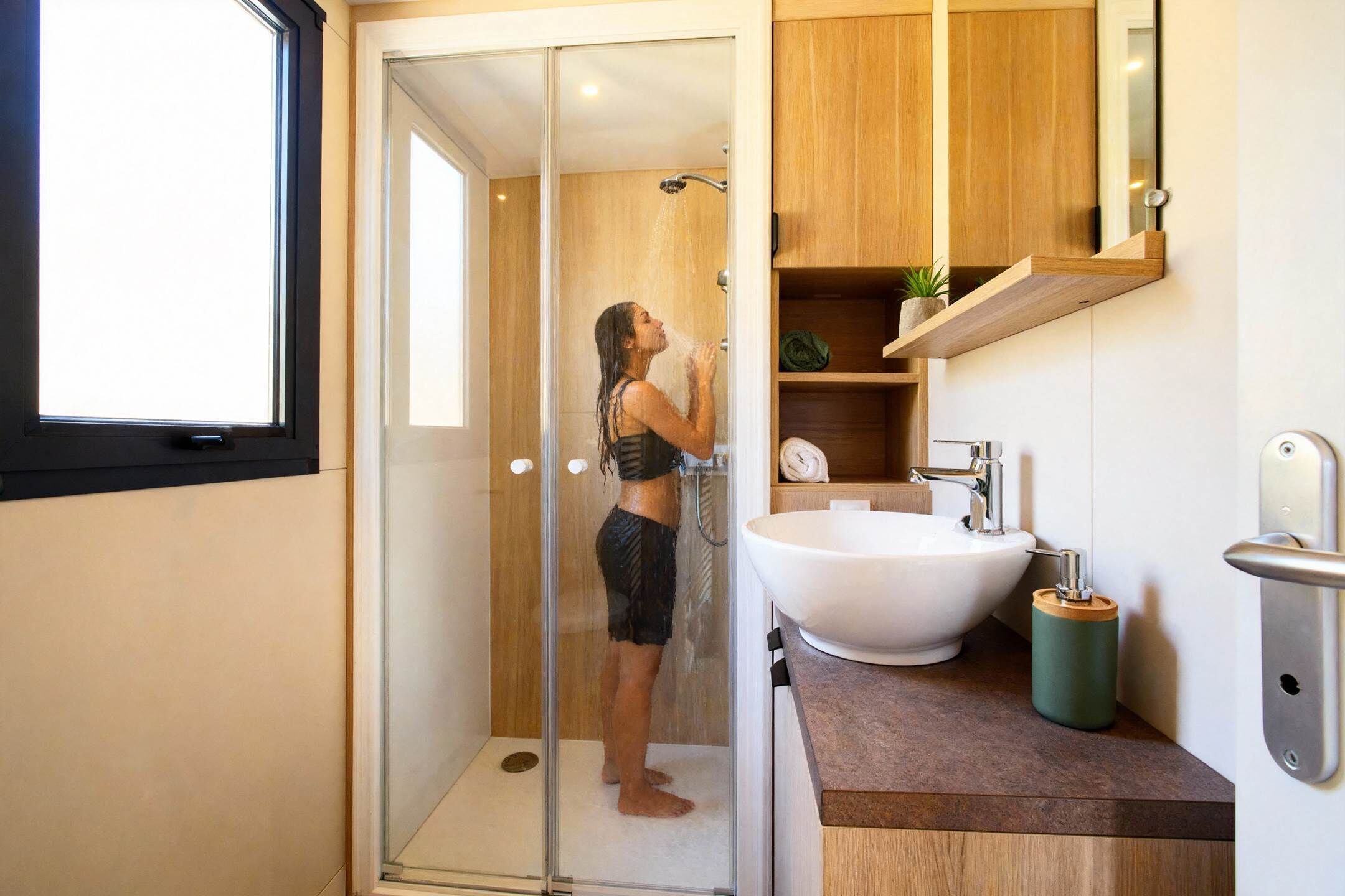 Une salle de bain moderne avec une douche à parois de verre, un lavabo blanc et des meubles en bois.