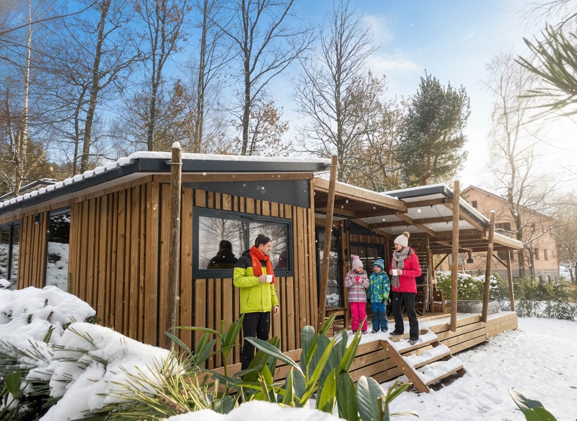 A wooden cabin with a glass door, surrounded by snow and trees.