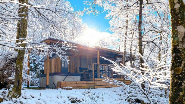 A wooden cabin with a deck, surrounded by snow-covered trees and a clear sky.