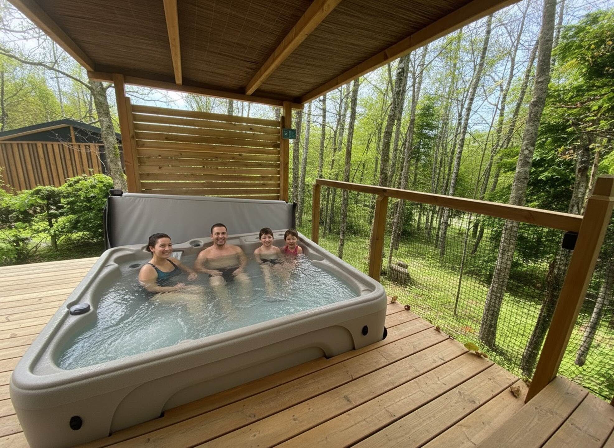 Un jacuzzi en una terraza de madera con vistas a un bosque.