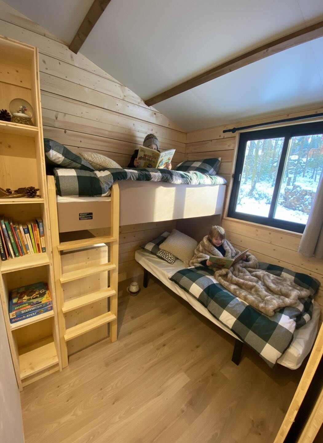 A cozy cabin with a loft bed, a lower bunk bed, and a small reading nook.