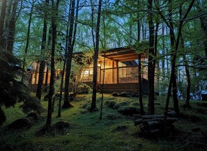 Une cabane en forêt, avec une façade en bois et un porche abrité.