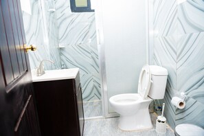 Douche, séchoir à cheveux, serviettes fournies, savon