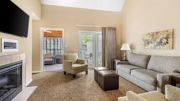 Télévision, cheminée, lecteur de DVD