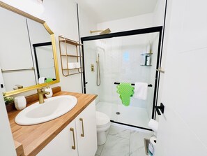 Shower, hair dryer, bidet, towels