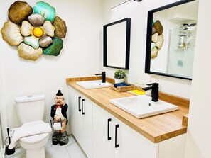 Shower, hair dryer, bidet, towels