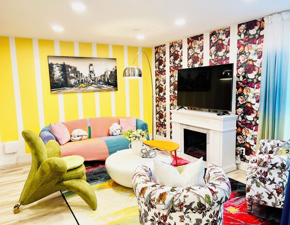 Smart TV, fireplace, foosball, offices