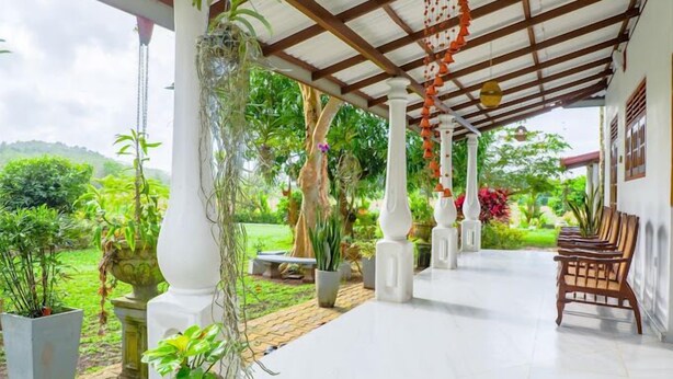 A covered outdoor area with white columns, potted plants, and a bench. - Handiranwila Resort (Anguruwatota)