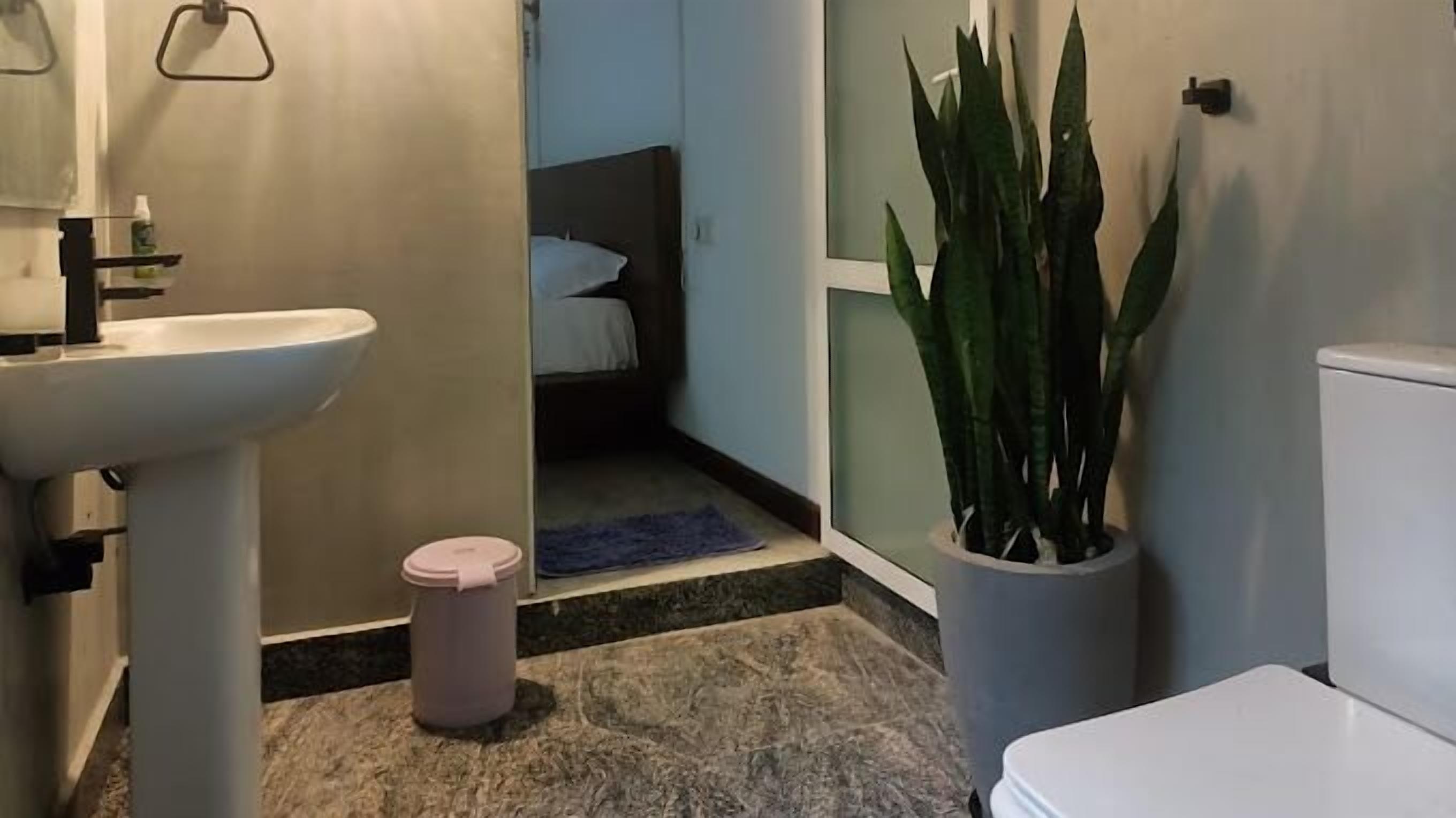 Et badeværelse med håndvask, toilet og en potteplante.