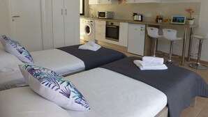 Une chambre d’hôtel avec deux lits, une kitchenette, un lave-linge et une télévision.
