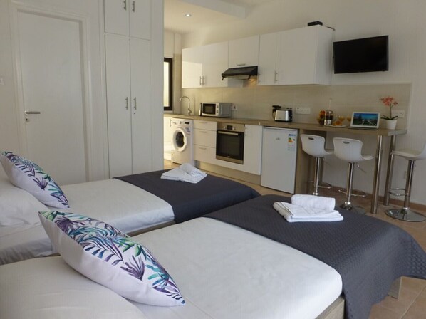 A hotel room with two beds, a kitchenette, a washing machine, and a TV.