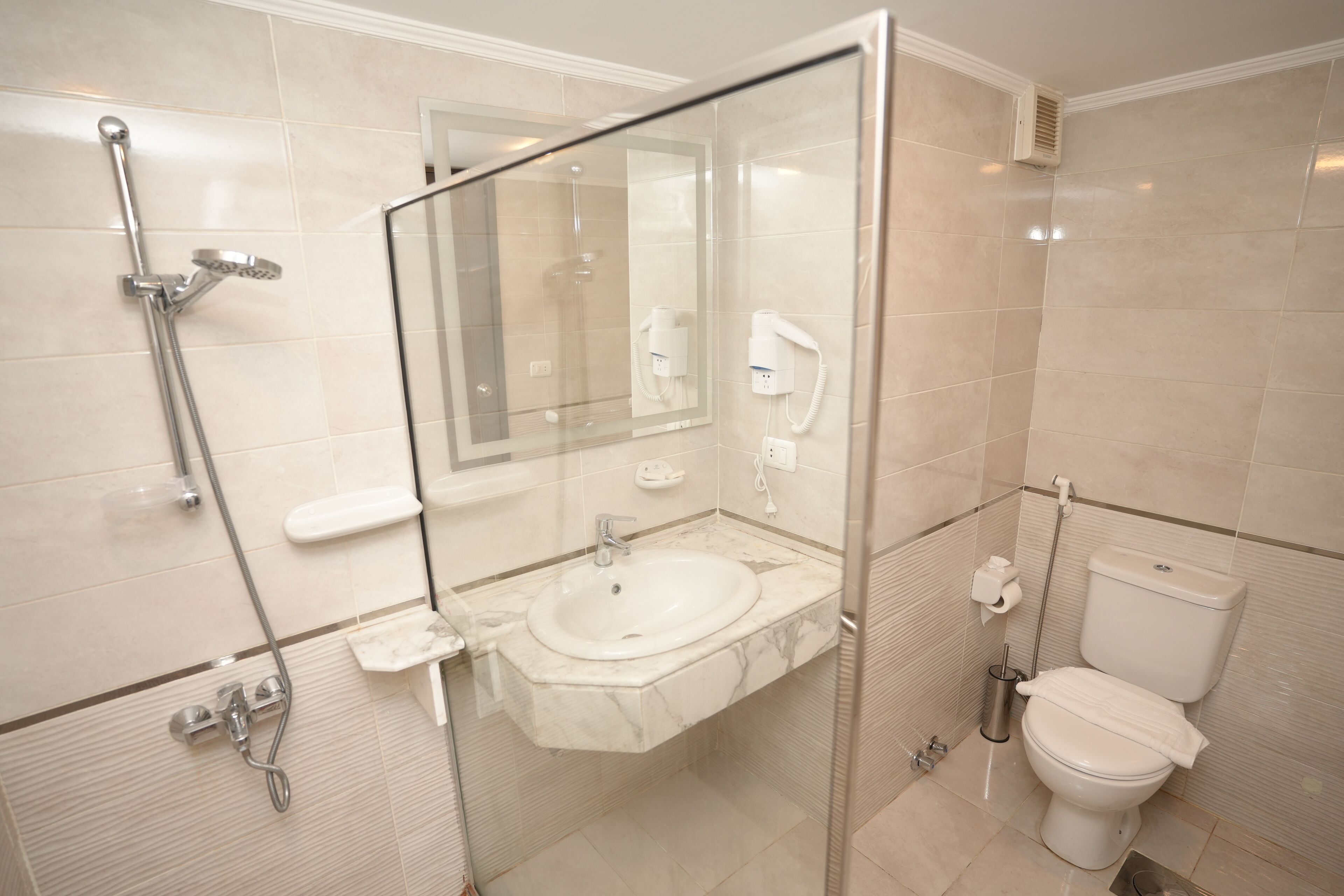 A modern bathroom with a glass-enclosed shower, a marble sink, and a toilet.
