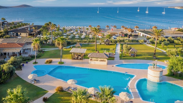 Un resort con una piscina grande, palmeras y vista al océano.