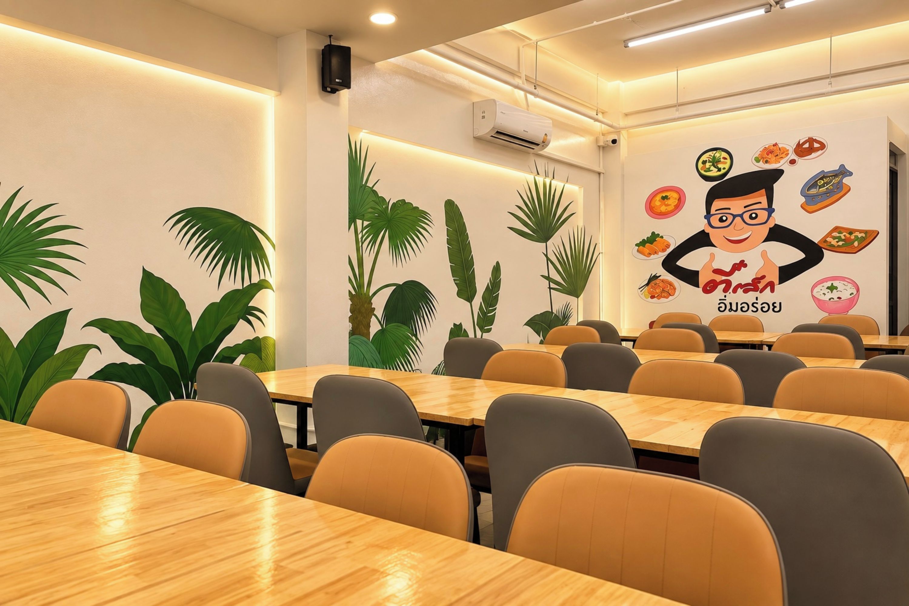 A conference room with wooden tables and chairs, a wall with a mural of food and a cartoon character, and an air conditioning unit.