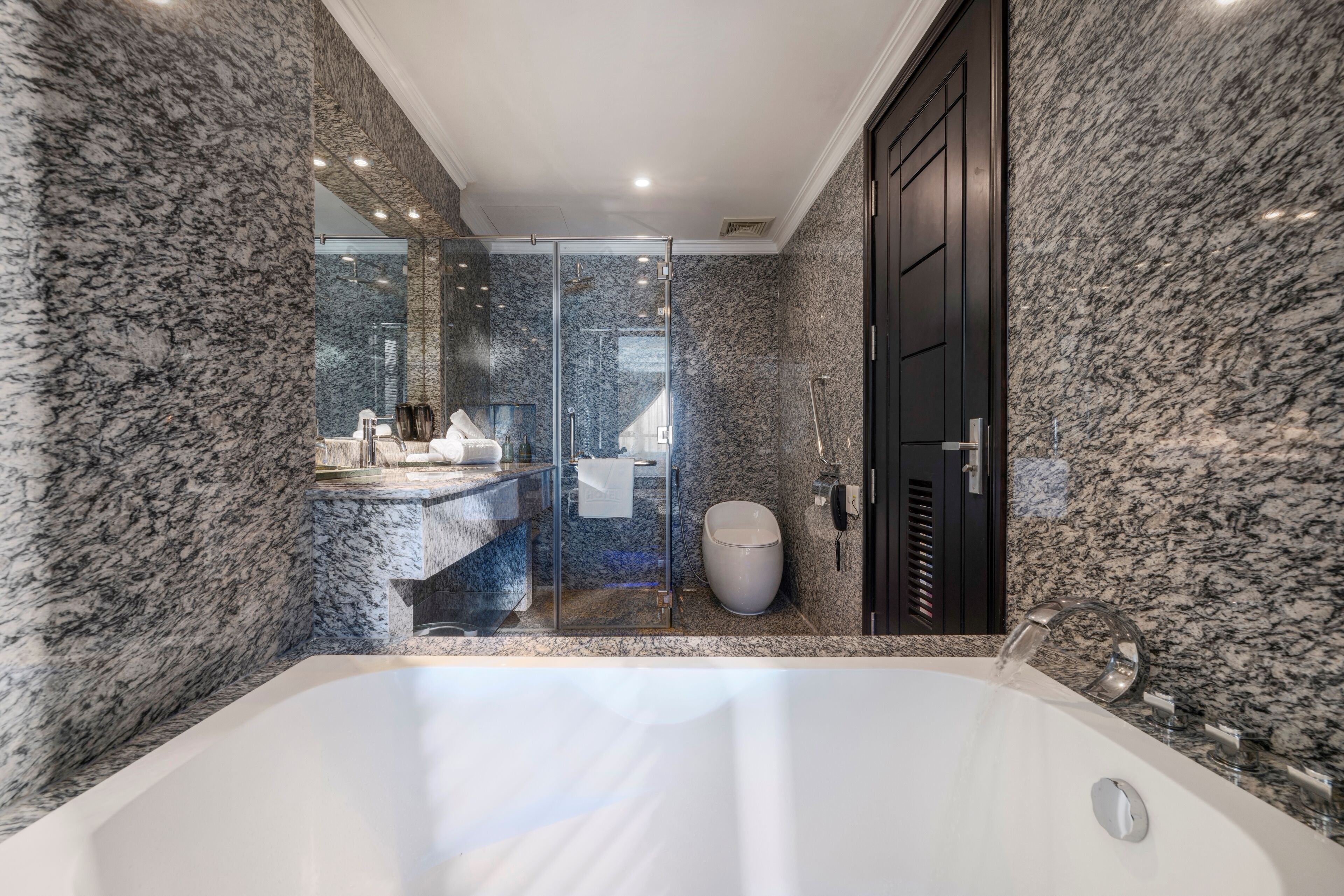 Un baño moderno con pared de mármol, cabina de ducha de vidrio, una bañera grande y un inodoro.