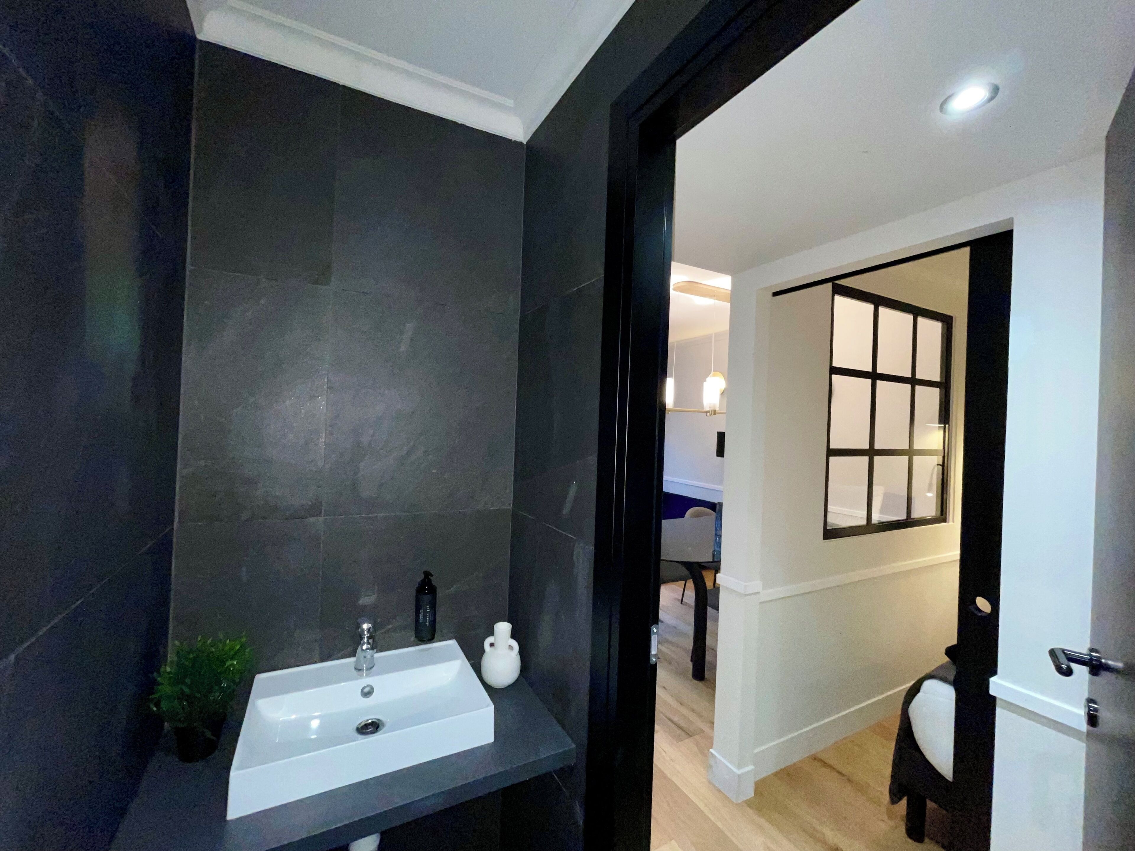 A modern bathroom with a dark tiled wall, a white sink, and a small potted plant.
