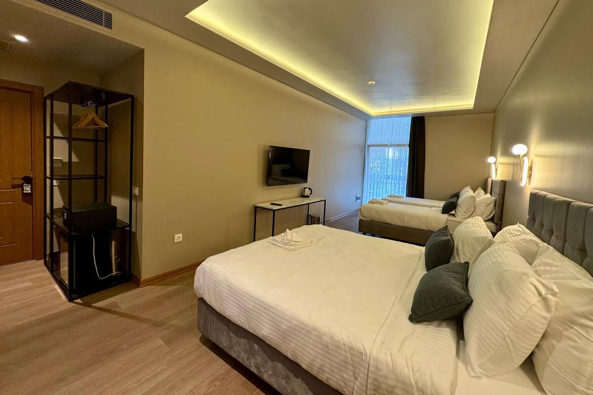 Una habitación de hotel moderna con una cama grande, televisor, escritorio y vestidor.