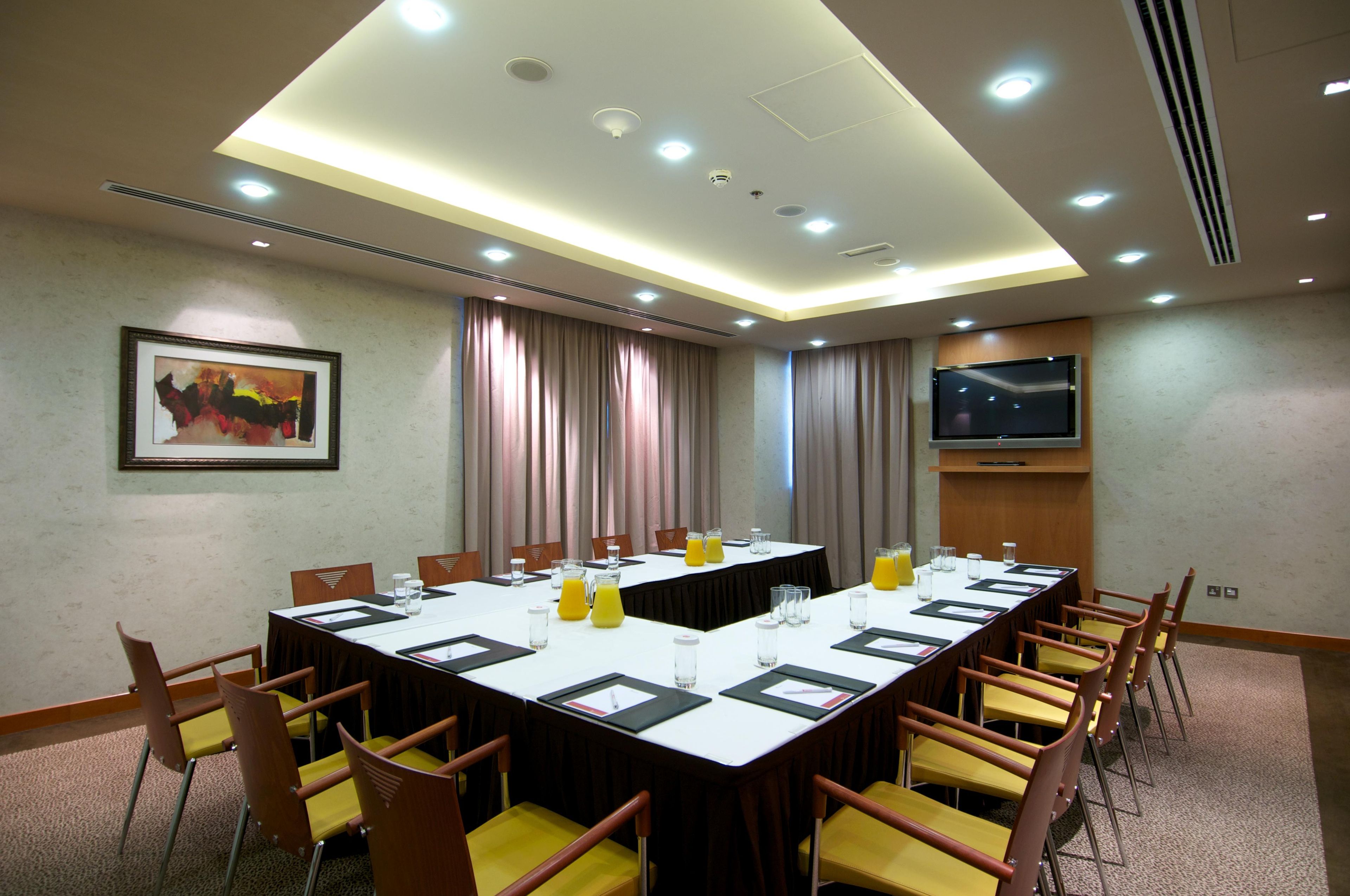 A conference room with a long table, chairs, a television, and a framed picture on the wall.
