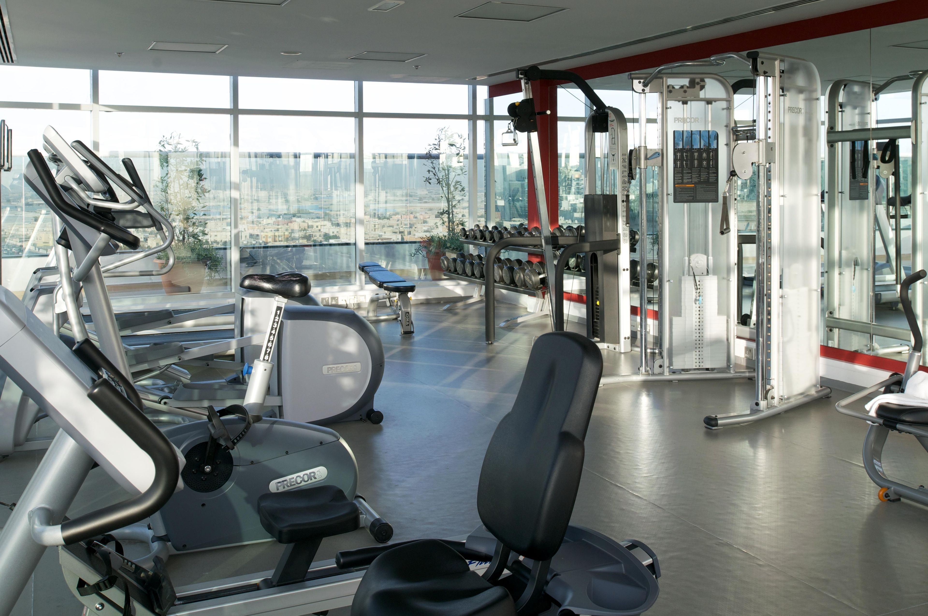 A gym with various exercise equipment, including treadmills and weight machines, with a city view through large windows.