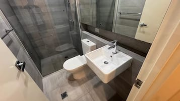 Shower, hair dryer, towels, shampoo