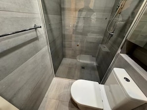 Shower, hair dryer, towels, shampoo
