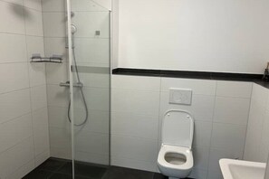 Chuveiro, secador de cabelo, toalhas de banho, sabonete