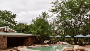 A swimming pool with a natural rock border, surrounded by trees and outdoor seating areas. - Roydon Reserve (Komani)