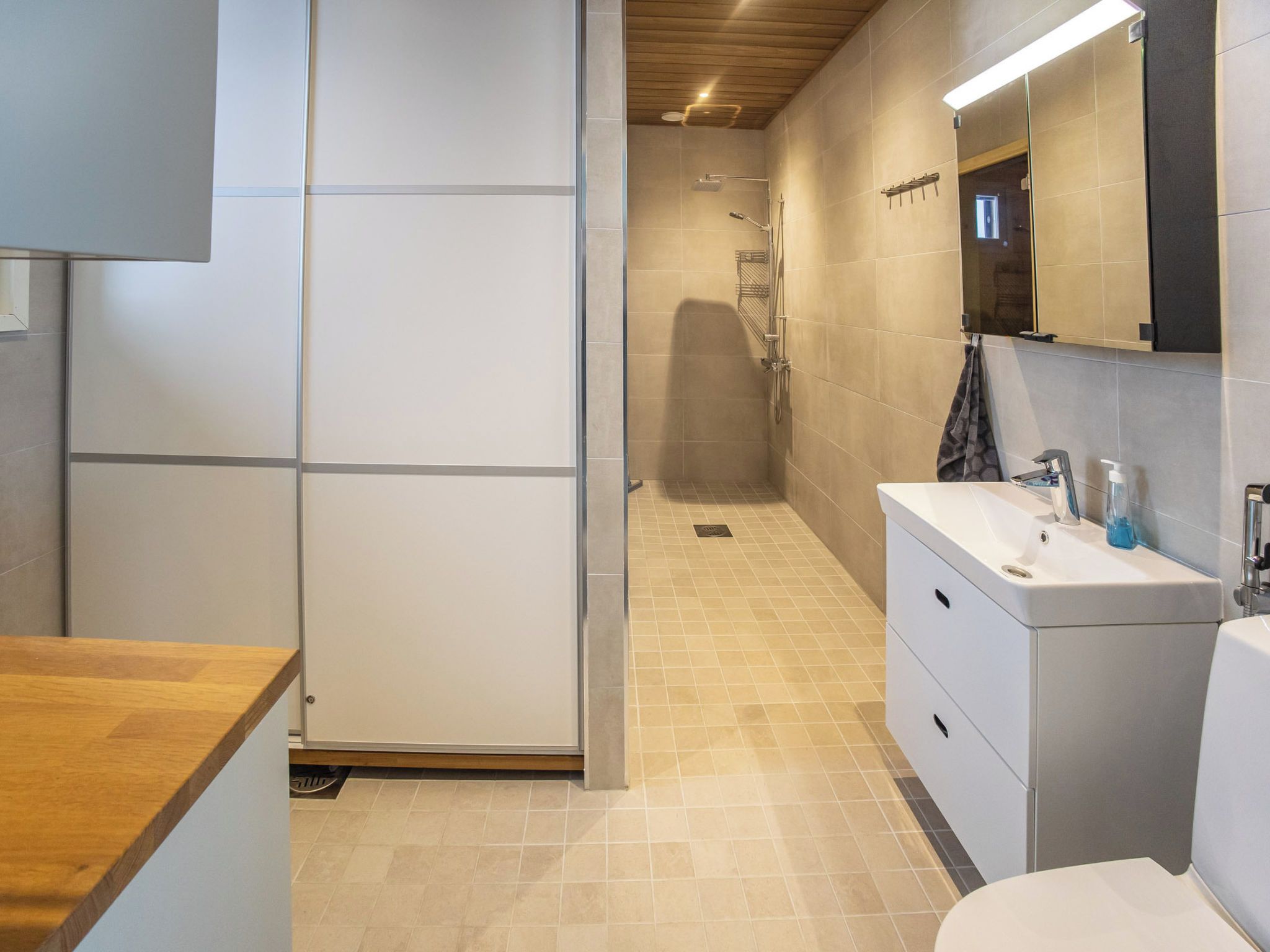 A modern bathroom with a shower, a sink, and a mirror.