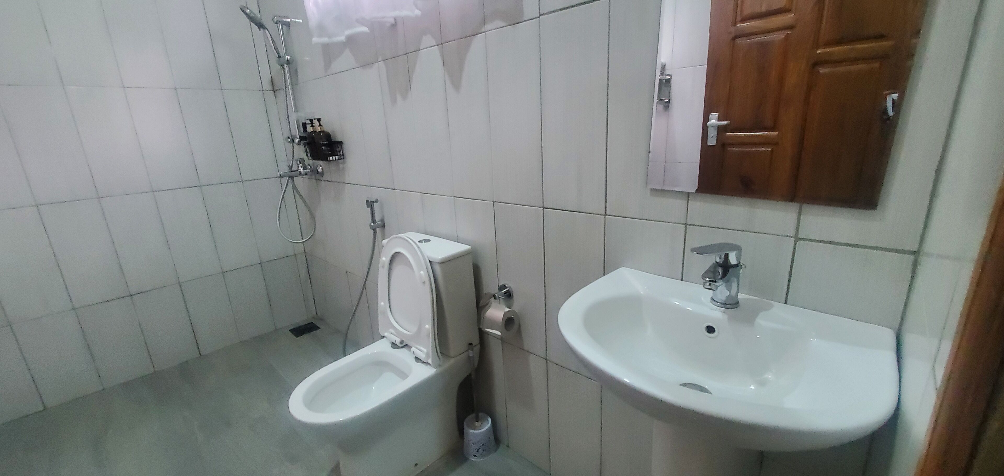 Een kleine badkamer met toilet, wastafel en douche.
