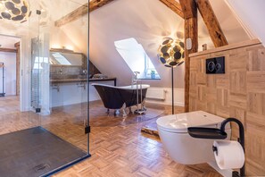 Shower, hair dryer, bidet, towels