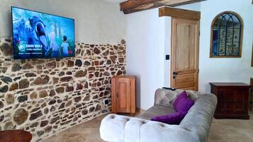 Una sala de estar con pared de piedra, televisor, puerta de madera y sofá acolchado.