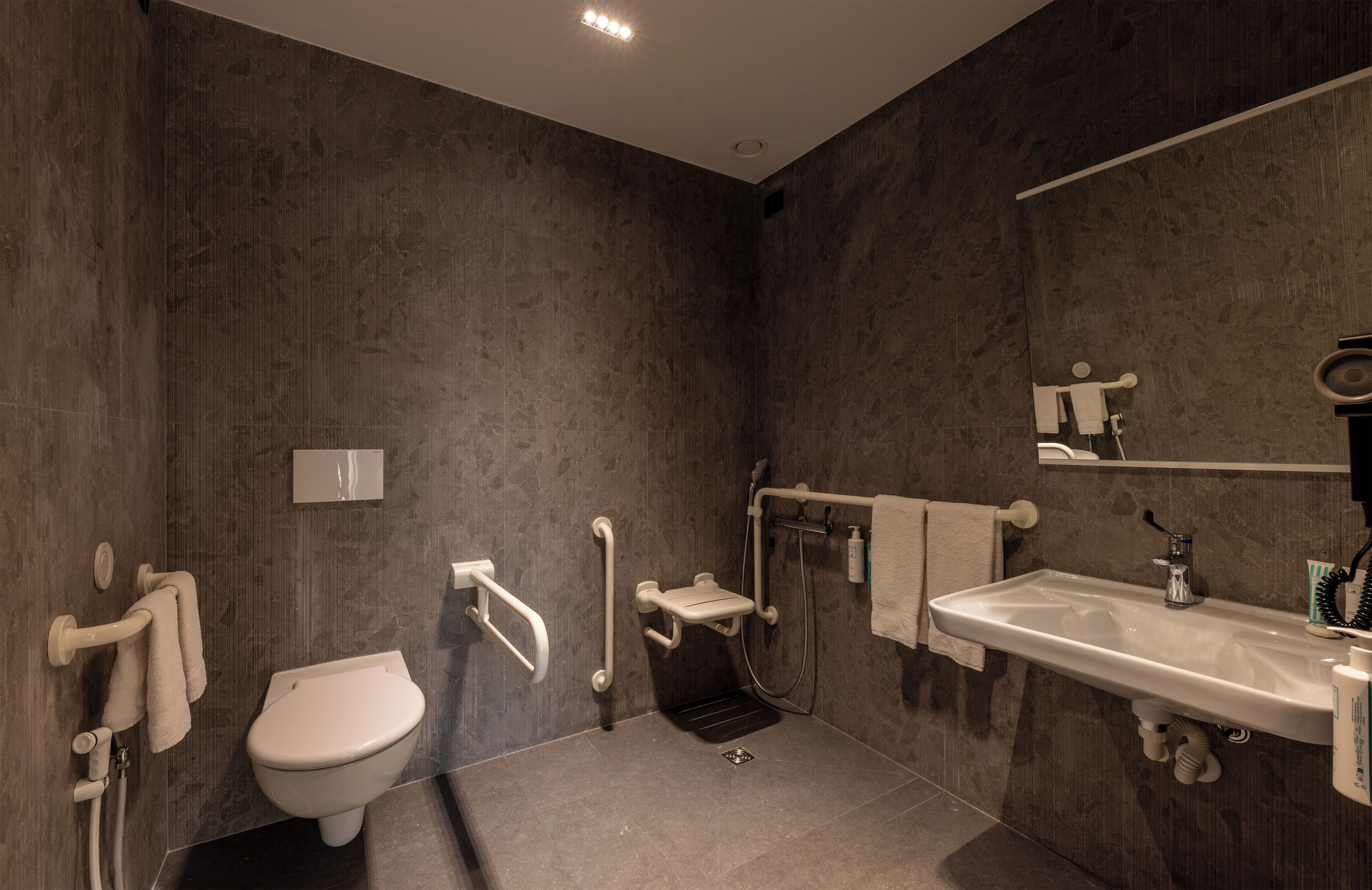 Ein modernes Badezimmer mit Toilette, Bidet und Waschbecken.