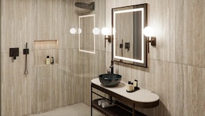 Shower, rainfall showerhead, hair dryer, bathrobes