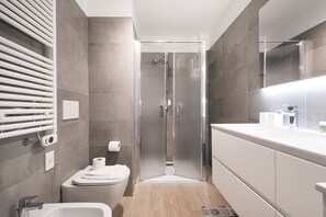 Shower, hair dryer, bidet, towels