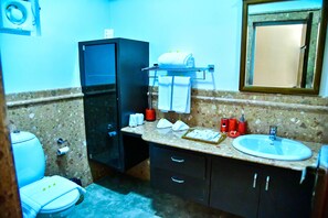 A bathroom with a toilet, sink, mirror, towel rack, and a cabinet. - Niraamaya Private Home Stay Chikmagalur (Tarikere)
