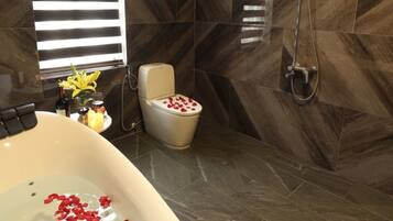 Rainfall showerhead, hair dryer, bathrobes, slippers