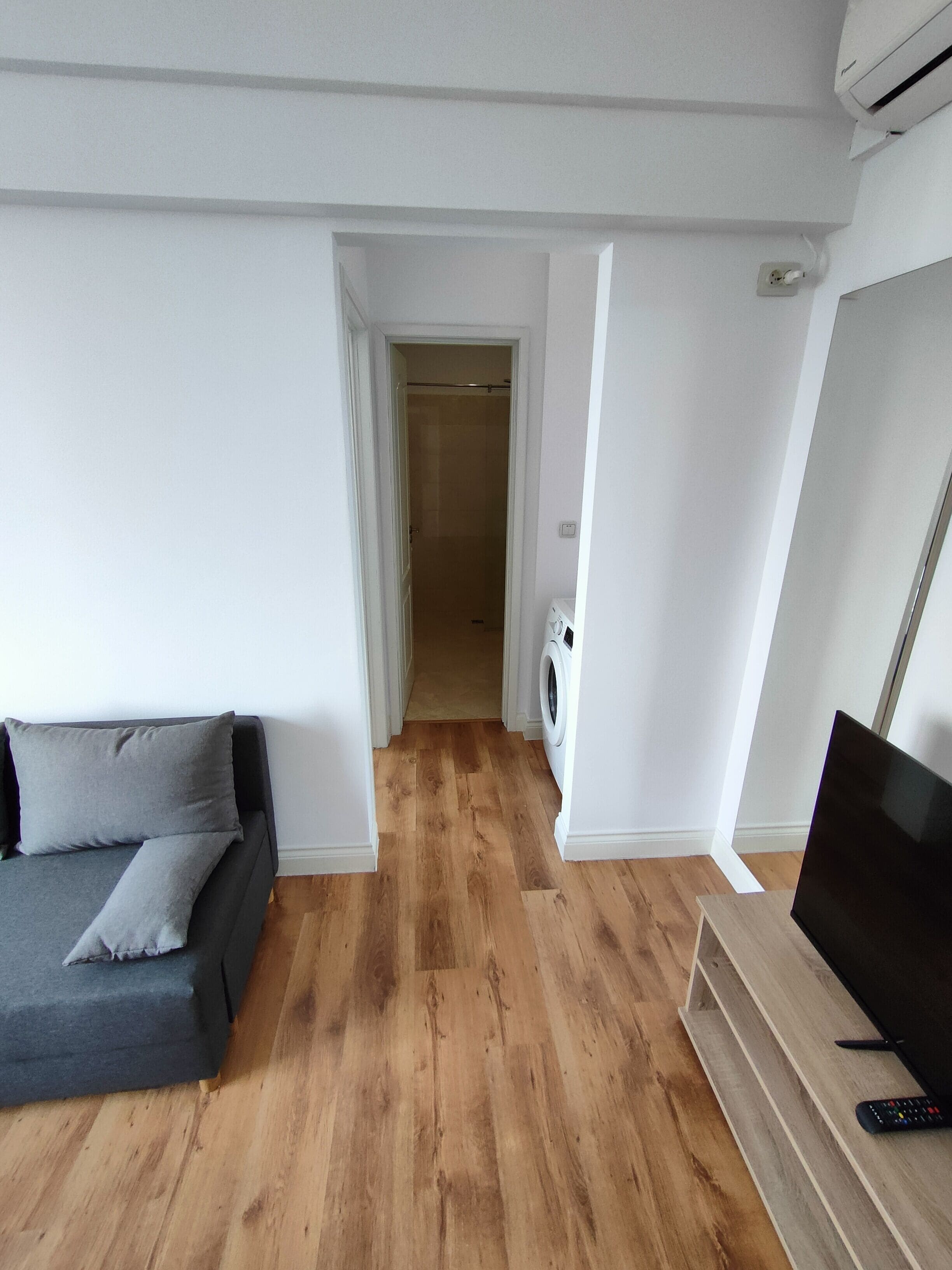 Een moderne woonkamer met een grijze bank, een houten vloer, een wasmachine en een tv-meubel.