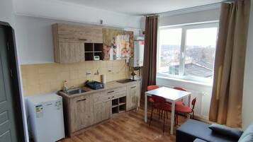 A compact living space with a kitchenette, a dining area, and a sofa.