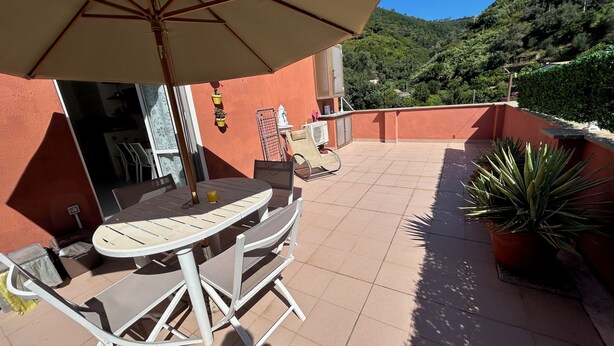 Une terrasse extérieure avec une table et des chaises, un grand parasol et des plantes en pot.